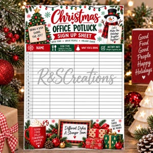 Könnte beinhalten: Ein Anmeldeformular für ein Weihnachts-Potluck im Büro mit einem geschmückten Baum, einem Schneemann und einer roten Tasse. Das Blatt enthält Spalten für Namen, Art des Gerichts, Mitbringsel und diätetische Informationen mit zwanzig Zeilen.