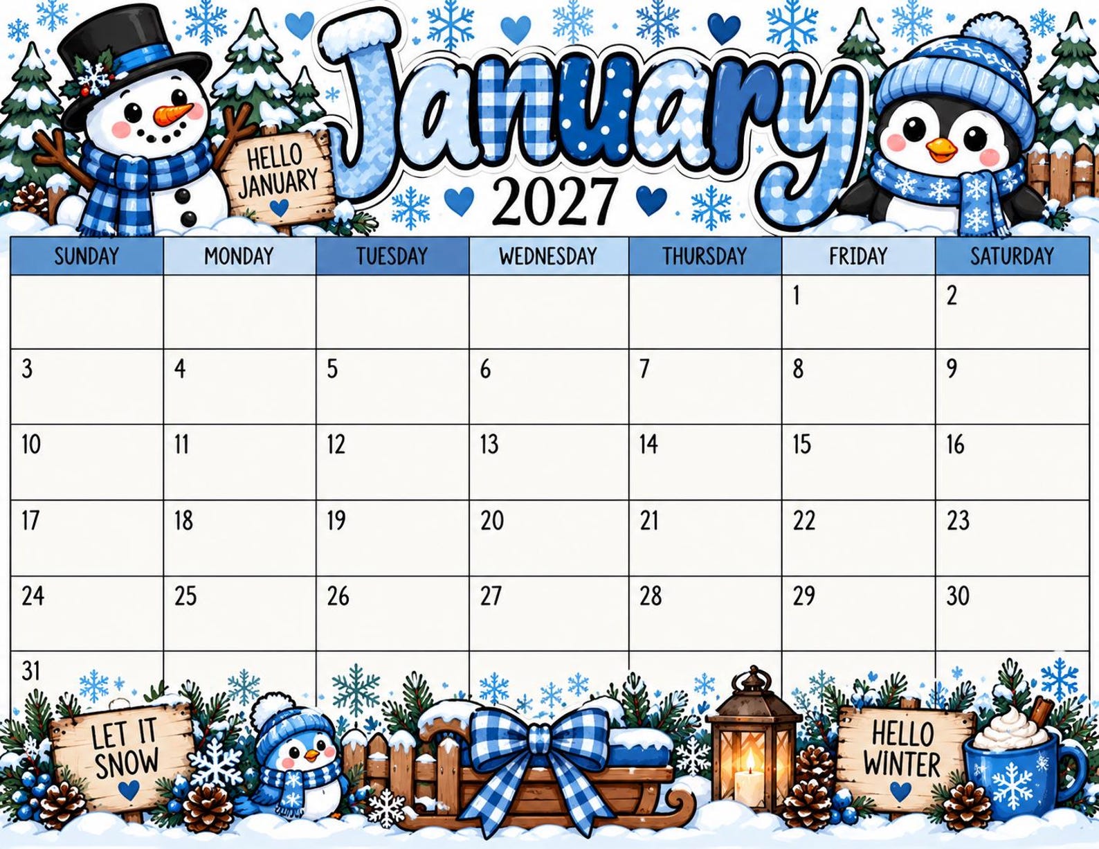 January 2027 Printable Calendar | Cute Snowman & Penguin Winter ...