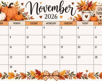 Può includere: Una pagina del calendario di novembre 2026 con un tema autunnale caratterizzato da zucche, foglie autunnali e un cartello con la scritta Give Thanks. La griglia mostra i giorni della settimana e le date da uno a trenta in testo nero.