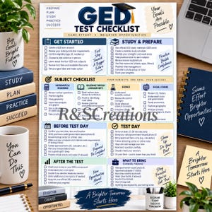 May include: A GED Test Checklist document featuring sections for Get Started, Study & Prepare, Subject Checklist, Before Test Day, Test Day, After the Test, and What to Bring. The document includes checkboxes, icons, and motivational text.