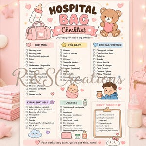 May include: A printed hospital bag checklist featuring pastel pink and blue illustrations of a baby bottle, a teddy bear, and a baby. The document is organized into sections for mom, baby, partner, toiletries, and extras, with checkboxes for each item.
