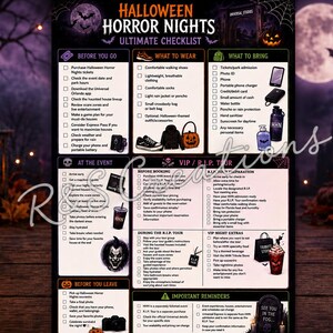 Puede incluir: Una lista de verificación definitiva de Halloween Horror Nights impresa en una hoja rectangular. El documento presenta secciones tituladas Before You Go, What To Wear, What To Bring, At The Event, VIP/R.I.P. Tour e Important Reminders.