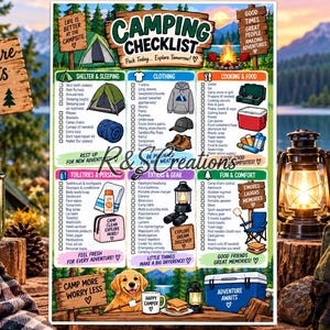 May include: A camping checklist poster featuring categories like shelter, clothing, food, and gear. The design includes illustrations of tents, a cooler, a lantern, and a golden retriever. Text includes 'Camping Checklist', 'Adventure Awaits', and 'Camp Happy'.