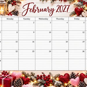 May include: A February 2027 wall calendar featuring a grid layout with lined daily boxes. The border is decorated with festive holiday elements including red bows, pine branches, pinecones, red berries, hearts, and lanterns.
