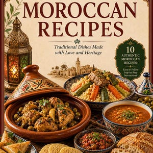 以下が含まれることがあります： Authentic Moroccan Recipesというタイトルの料理本の表紙。チキンとオリーブのタジン鍋、野菜入りクスクス、スープ、小さなパンケーキ、パン、ランタンが描かれている。テキストにはA Taste of Traditionと10 Authentic Moroccan Recipesが含まれている。