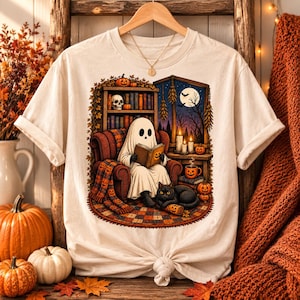 Mysig spökläsningströja, vintage Halloween-tröja, söt läskig hösttröja med grafisk design