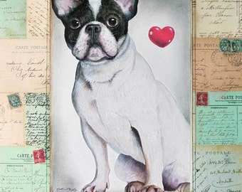 Frenchie Bulldog with Red Heart Wooden Sign Plaque Picture Print by Sean Aherne