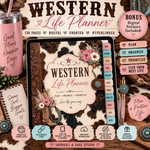 Puede incluir: Un planificador digital Western Life en una pantalla de tableta con patrón de piel de vaca, detalles florales y una ilustración de bota vaquera. El set incluye un vaso rosa, un cuaderno de espiral, un bolígrafo y pegatinas digitales con texto.
