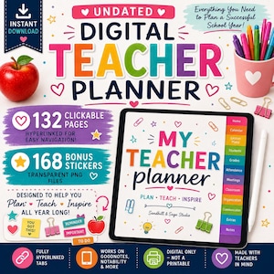 May include: An undated digital teacher planner displayed on a tablet screen with a colourful interface, featuring 132 clickable pages, 168 bonus stickers, and a sidebar with tabs for calendar, lesson plans, grades, and attendance, alongside a stylus.