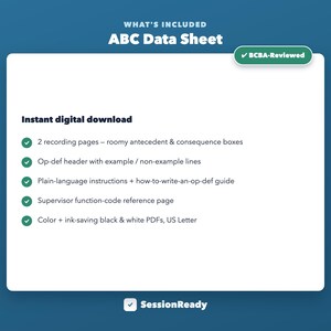 K&ouml;nnte beinhalten: Ein ABC-Datenblatt als digitaler Download mit einem BCBA-Reviewed-Abzeichen. Das Dokument enth&auml;lt zwei Aufzeichnungsseiten mit Feldern f&uuml;r Antezedenz und Konsequenz, eine Op-Def-Kopfzeile, Anleitungen und PDF-Dateien im US-Letter-Format.