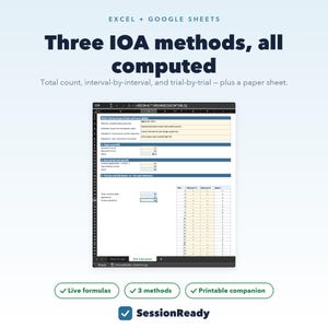 May include: A digital spreadsheet template for Excel and Google Sheets titled Three IOA methods, all computed. It features sections for total count, interval-by-interval, and trial-by-trial IOA calculations with live formulas and a printable companion.