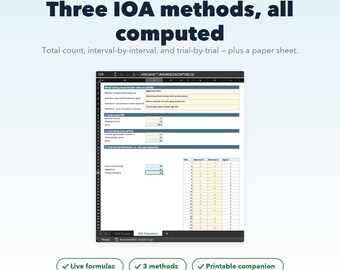 Foglio di calcolo per il calcolo dell'accordo interosservatore (IOA), accordo interosservatore ABA, dati di affidabilità, tre metodi, BCBA Excel Google Sheets