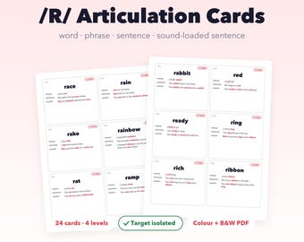 Schede di articolazione della R, Schede per il suono iniziale /R/ per la terapia del linguaggio, Frasi e parole multilivello da ripassare, Materiale stampabile per logopedisti, PDF per la teleterapia