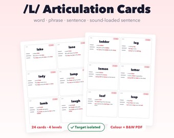 Tarjetas de articulación L, Terapia del habla Sonido inicial /L/, Transferencia de palabras, frases y oraciones de varios niveles, PDF imprimible para logopedas
