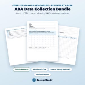 ABAデータ収集バンドル、完全な行動データシート、頻度・持続時間・間隔散布図トークンボード、RBT BCBA印刷可能資料