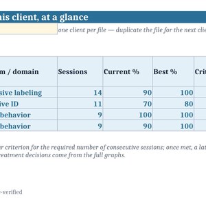 Pu&ograve; includere: Una dashboard digitale intitolata Dashboard &mdash; all targets for this client, at a glance con le iniziali J.M. La tabella traccia obiettivi come Tacts, Listener responding, Intraverbal e Manding con colonne per sessioni, percentuali e date.