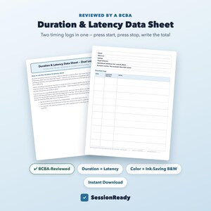 Puede incluir: Una hoja de datos en papel blanco titulada Duration & Latency Data Sheet, que incluye secciones para cliente, observador, entorno, comportamiento objetivo y definición operativa, con una tabla para fecha, duración y notas, además de texto instructivo.