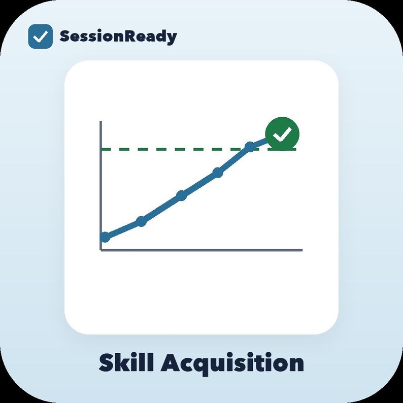 Pu&ograve; includere: Un'illustrazione grafica con il testo SessionReady in alto e Skill Acquisition in basso. Al centro &egrave; presente un grafico a linee blu con punti dati circolari che tendono verso l'alto verso un cerchio verde contenente un segno di spunta bianco.