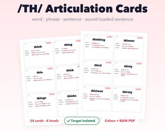 Tarjetas de articulación TH, Terapia del habla Sonido sordo /TH/, Transferencia de palabras, frases y oraciones de varios niveles, Imprimible para logopedas