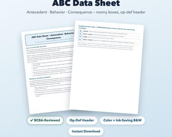 Scheda dati ABC, Raccolta dati comportamentali stampabile, Modulo RBT BCBA Antecedente Comportamento Conseguenza, Educazione Speciale