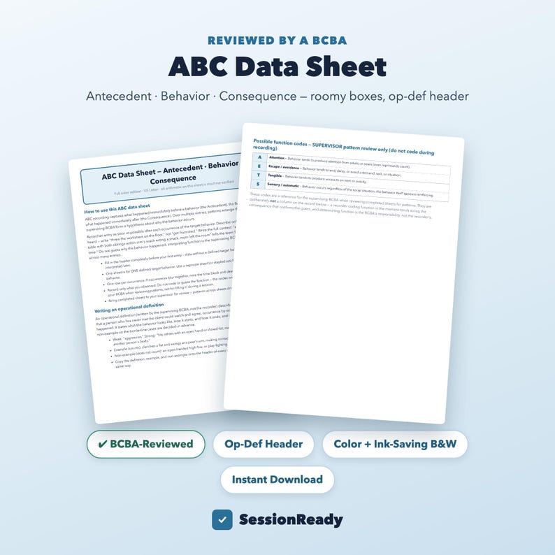 K&ouml;nnte beinhalten: Ein wei&szlig;es ABC-Datenblatt aus Papier mit schwarzem Text, das Abschnitte f&uuml;r Antezedenz, Verhalten und Konsequenz enth&auml;lt. Das Dokument umfasst Anweisungen zur Verwendung des Blattes, operative Definitionen und eine Tabelle mit Funktionscodes.