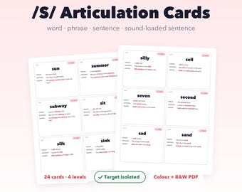 Tarjetas de articulación S, Terapia del habla Sonido inicial /S/, Transferencia de palabras, frases y oraciones de varios niveles, PDF imprimible para logopedas