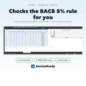 May include: A digital spreadsheet template for Excel and Google Sheets titled Checks the BACB 5% rule for you. It features a monthly summary table, a bar chart, and labels for live formulas, BACB 2026 rules, 24 months, and the brand name SessionReady.