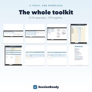 May include: A digital toolkit containing eight spreadsheet tools for data management. The image displays the text 8 TOOLS, ONE DOWNLOAD, The whole toolkit, and SessionReady. Eight individual screenshots show various spreadsheet interfaces with tables, charts, and data entry fields.