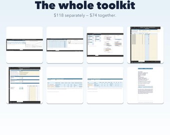 Może przedstawiać: Cyfrowy zestaw narzędzi zawierający osiem arkuszy kalkulacyjnych do zarządzania danymi. Obraz zawiera tekst 8 TOOLS, ONE DOWNLOAD, The whole toolkit oraz SessionReady. Osiem zrzutów ekranu przedstawia różne interfejsy arkuszy kalkulacyjnych z tabelami, wykresami i polami wprowadzania danych.