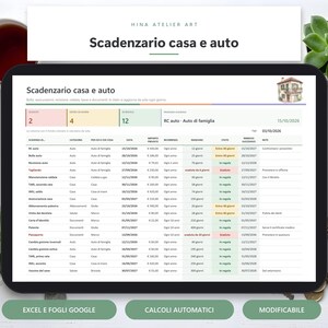 Può includere: Un tracker digitale per la manutenzione di casa e auto visualizzato su uno schermo di un tablet. Il foglio di calcolo presenta colonne per categorie, date, costi e stati, con una piccola illustrazione di una casa. Il testo recita Scadenzario casa e auto.
