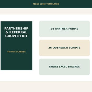 May include: A digital product graphic titled Partnership & Referral Growth Kit, a 40-page planner. It includes 24 partner forms, 36 outreach scripts, and a smart Excel tracker. The design features dark green, light green, and cream rectangular blocks.