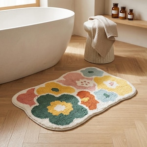 Floral Bath Mat, Machine Washable Non-Slip Absorbent Rug