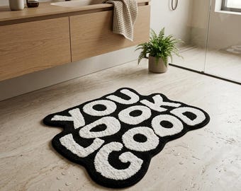 You Look Good Mirror Rug, Soft Faux Cashmere Non-Slip Tufted Mat, Bedroom Bathroom Positive Decor