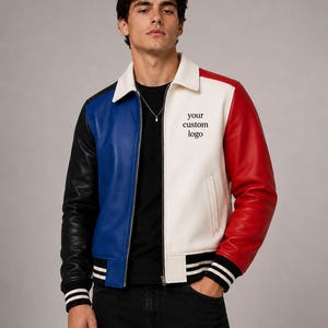 Chaqueta de cuero con logo personalizado en bloques de color / Parches bordados / Regalo para ti.