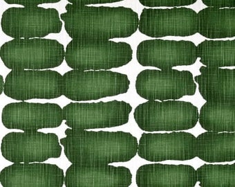 May include: Green and white fabric with a repeating pattern of abstract, elongated shapes. The fabric has a textured, linen-like appearance.