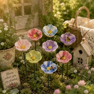 Könnte beinhalten: Ein Set aus acht keramischen Blumengartensteckern in verschiedenen Pastellfarben wie Rosa, Blau, Violett und Grün. Jede Blume hat eine gelbe Mitte und eine kleine Bienenfigur auf den Blütenblättern, befestigt an dünnen grünen Metallstielen.