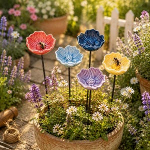Small Handmade Ceramic Flower Garden Stake, Glazed Pottery Yard Art, Butterfly Bee Feeder, Unique Outdoor Garden Sculpture