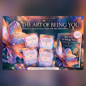 May include: A 44-card deck titled The Art of Being You with a companion guide. The cards and guide feature floral imagery with water droplets and text including Refuel Intuition, Affirmation & Reflection Cards for Self-Discovery.
