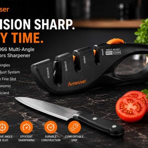 May include: A black Amesser RM066 multi-angle knife and scissors sharpener with orange accents. The device features multiple slots labeled for scissors, coarse, and fine sharpening, along with an angle adjustment dial. A silver kitchen knife lies nearby.