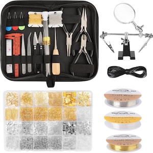 May include: A jewelry making kit featuring a black zippered case with pliers, tweezers, a red plastic caliper, and needles. Includes a magnifying glass stand, a coil of black cord, three spools of wire, and a clear plastic organizer box with gold and silver findings.