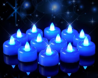 Lot de 12 bougies chauffe-plat bleues sans flamme, bougies LED à piles, bougies électriques pour mariage, fête, Halloween, décoration de Noël