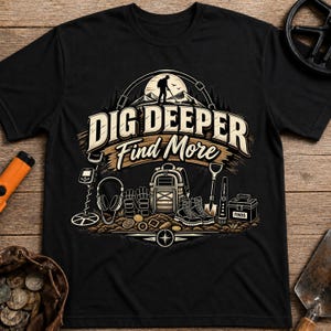 Op de afbeelding: Een zwart t-shirt met een grafische print met de tekst "DIG DEEPER Find More". Het ontwerp bevat een silhouet van een persoon met een metaaldetector, een rugzak, koptelefoon, handschoenen, laarzen, een schep en een doos met het label "FINDS".