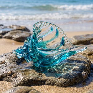 Könnte beinhalten: Eine dekorative Glasskulptur in Form einer Muschel, die durchscheinende Schichten aus tiefem Türkis und klarem Glas mit sichtbaren Luftblasen aufweist, was einen wirbelnden Effekt innerhalb der geschwungenen, spiralförmigen Struktur erzeugt.