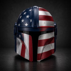 May include: A full-face helmet featuring a design inspired by the American flag. The left side displays a dark blue field with white stars, while the right side and lower sections feature alternating horizontal red and white stripes.