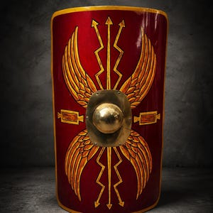 Puede incluir: Un escudo romano rectangular tipo scutum con acabado en rojo intenso y un umbo central de latón. La superficie está decorada con motivos pintados en oro de alas y rayos, enmarcada por un borde amarillo a lo largo de los lados curvos.