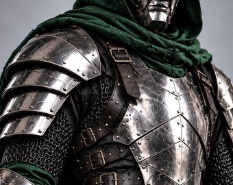 Rüstung im Stil von Doctor Doom, Kostüm eines stählernen Bösewichts, grüne mittelalterliche Rüstung, Ganzkörper-Cosplay-LARP