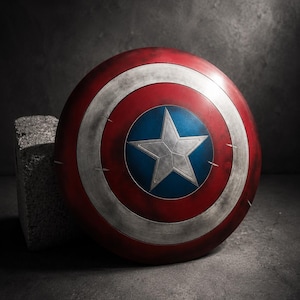 May include: A circular shield featuring a red outer ring, a white middle ring, and a blue center circle with a large silver five-pointed star. The surface has a weathered, distressed finish with visible scuffs and marks across the painted metal.