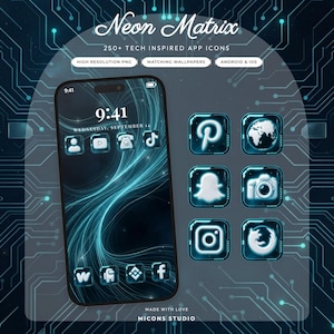 Könnte beinhalten: Eine digitale Anzeige mit dem Neon Matrix-Thema, 250+ technik-inspirierten App-Symbolen, hochauflösenden PNGs, passenden Hintergrundbildern sowie Android- und iOS-Kompatibilität. Ein Smartphone-Bildschirm zeigt einen dunkelblauen abstrakten Hintergrund mit leuchtend hellblauen Linien und verschiedenen App-Symbolen. Rechts sind weitere Symbole zu sehen, darunter die Logos von Pinterest, Weltkugel, Snapchat, Kamera, Instagram und Firefox. Der Text lautet Neon Matrix, 250+ Tech Inspired App Icons, High Resolution PNG, Matching Wallpapers, Android & iOS, Made With Love, Micons Studio.