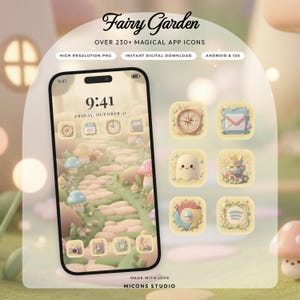 Könnte beinhalten: Ein digitales App-Icon-Set mit dem Titel Fairy Garden mit über 230 Icons für Android und iOS. Das Display zeigt ein Smartphone mit einem sanft getönten Garten-Hintergrundbild, einem Steinweg und Pilzgrafiken sowie sechs App-Icons.