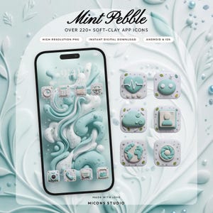 Mint Pebble App Icons | 220+ iOS & Android Icon Pack | Soft Clay Theme | Matching Wallpapers